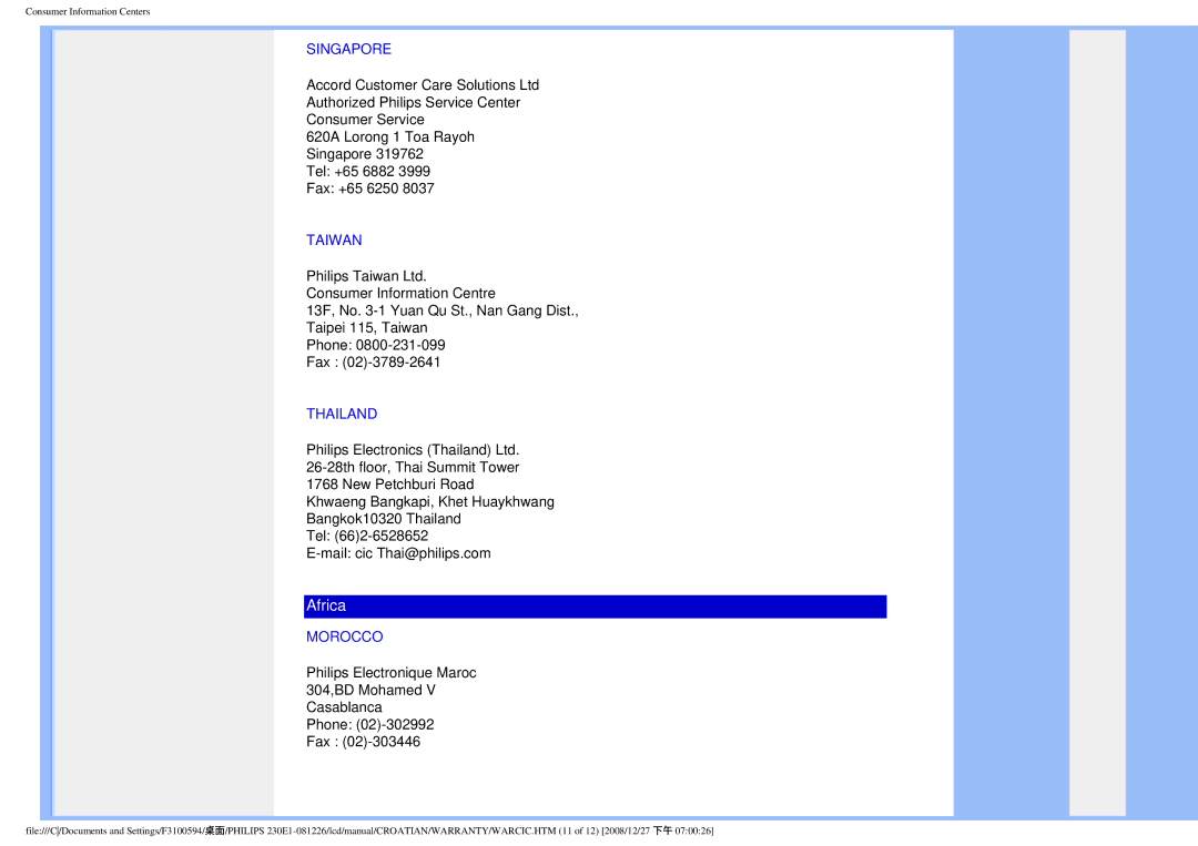 Philips 2.30E+03 user manual Singapore, Taiwan, Thailand, Morocco 