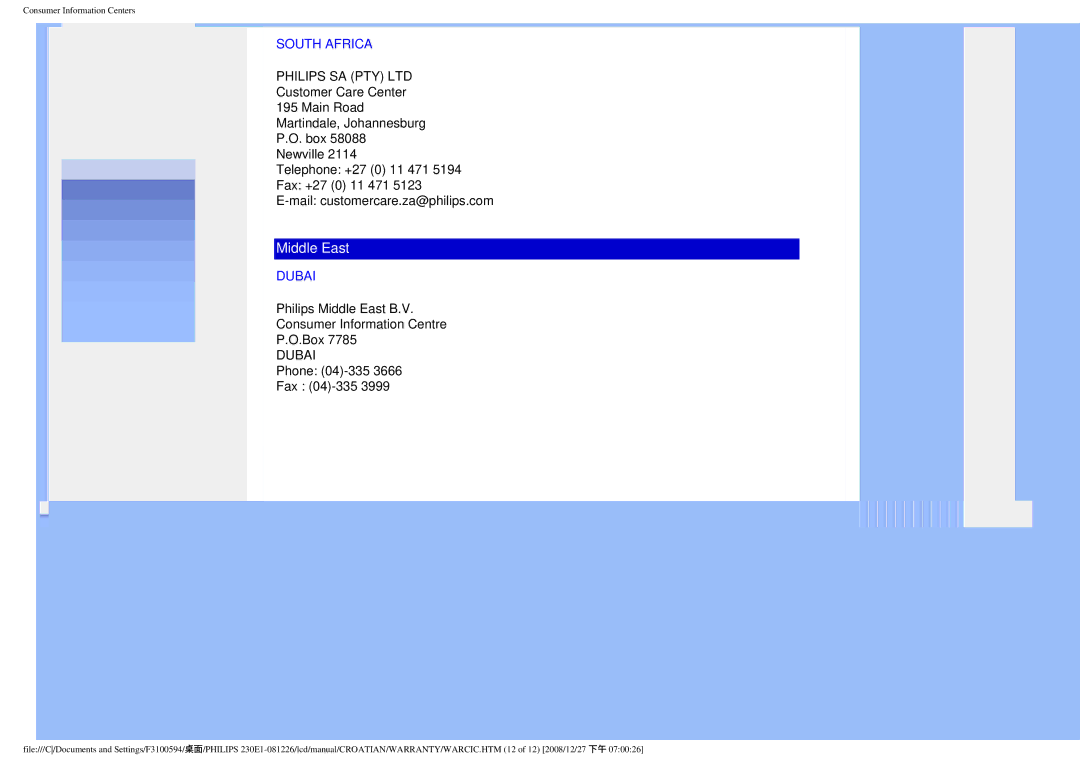 Philips 2.30E+03 user manual South Africa, Dubai 