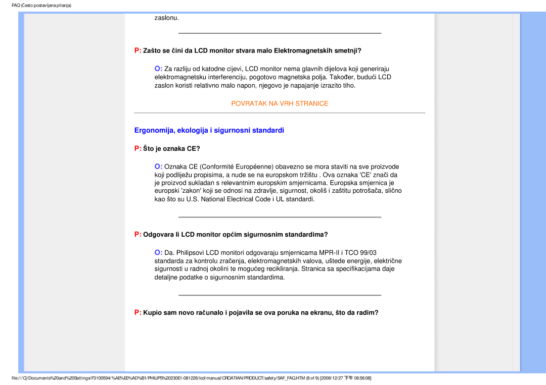 Philips 2.30E+03 user manual Ergonomija, ekologija i sigurnosni standardi, Što je oznaka CE? 