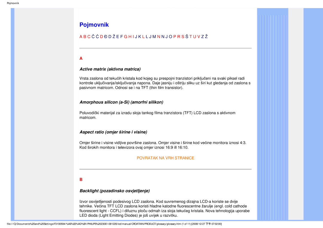 Philips 2.30E+03 user manual Pojmovnik, Active matrix aktivna matrica, Amorphous silicon a-Si amorfni silikon 