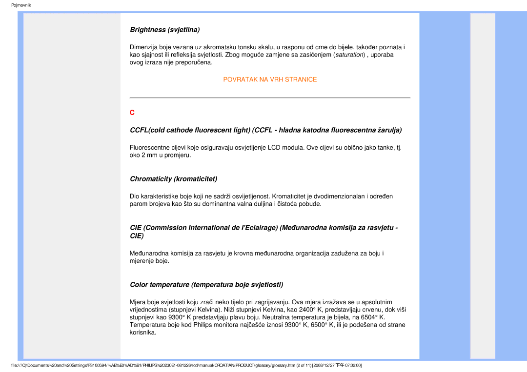 Philips 2.30E+03 user manual Brightness svjetlina, Chromaticity kromaticitet, Color temperature temperatura boje svjetlosti 