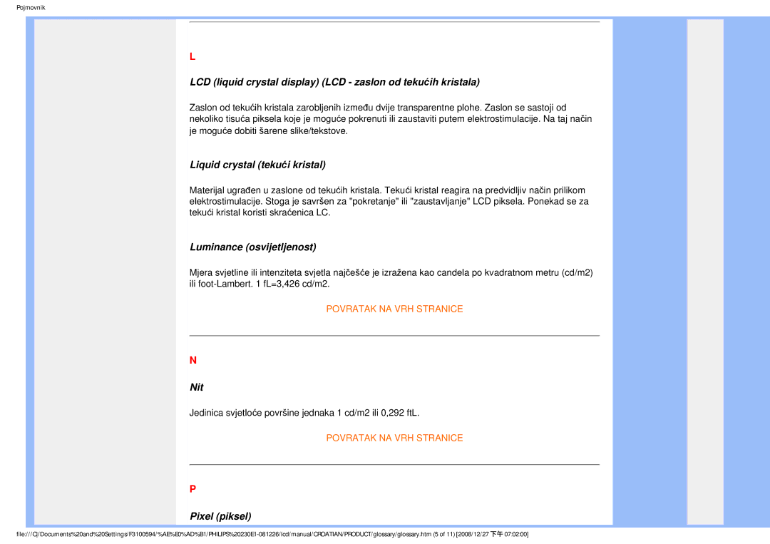 Philips 2.30E+03 user manual LCD liquid crystal display LCD zaslon od tekućih kristala, Liquid crystal tekući kristal, Nit 