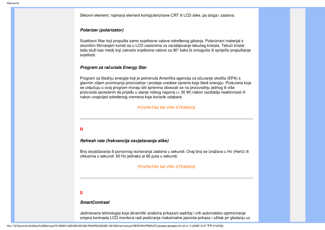 Philips 2.30E+03 Polarizer polarizator, Program za računala Energy Star, Refresh rate frekvencija osvježavanja slike 