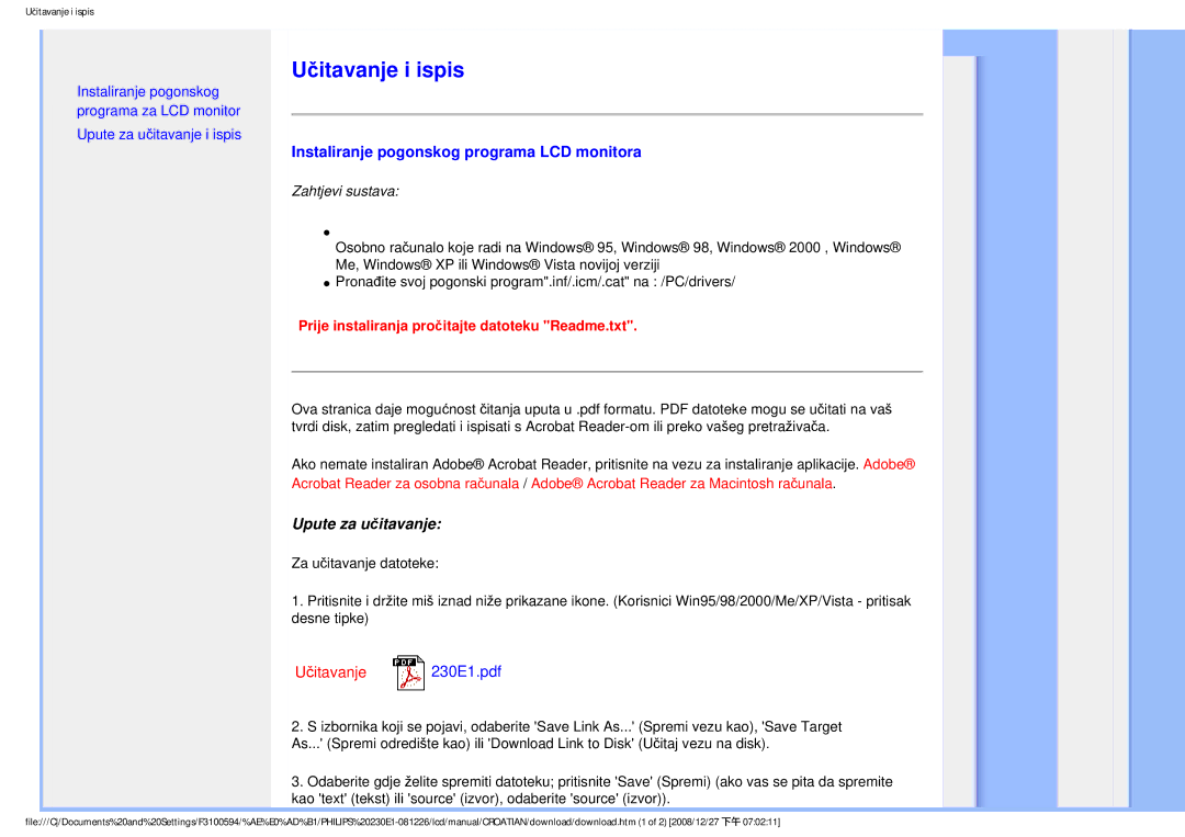 Philips 2.30E+03 user manual Učitavanje i ispis, Instaliranje pogonskog programa LCD monitora, Upute za učitavanje 