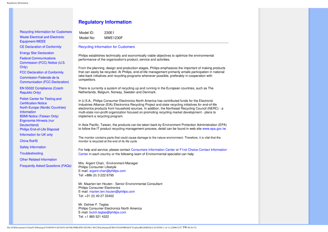 Philips 2.30E+03 user manual Regulatory Information 