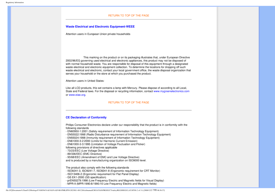 Philips 2.30E+03 user manual Waste Electrical and Electronic Equipment-WEEE, CE Declaration of Conformity 