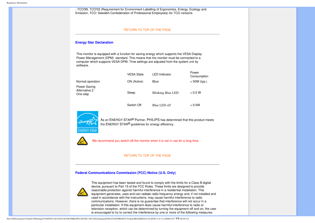 Philips 2.30E+03 user manual Energy Star Declaration, Federal Communications Commission FCC Notice U.S. Only 