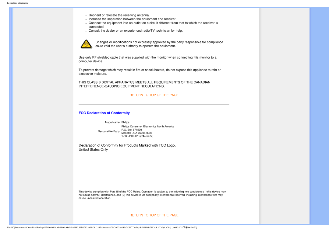 Philips 2.30E+03 user manual FCC Declaration of Conformity 