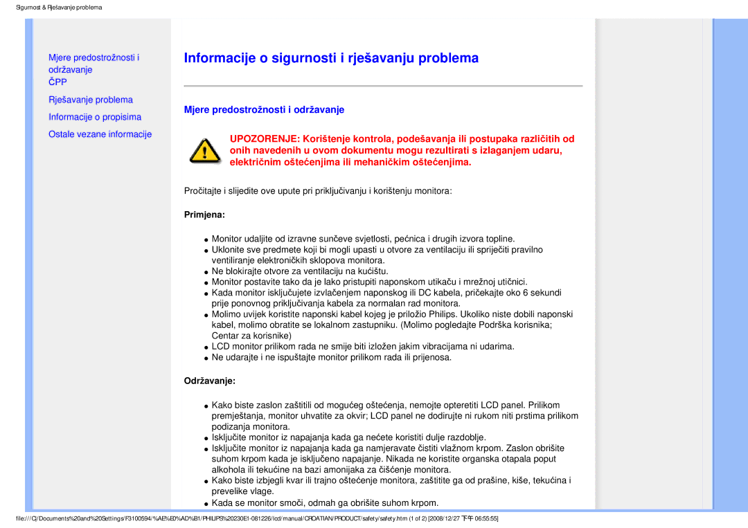 Philips 2.30E+03 Informacije o sigurnosti i rješavanju problema, Mjere predostrožnosti i održavanje, Čpp, Primjena 