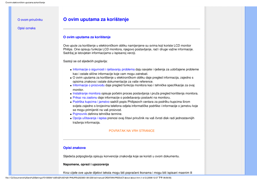 Philips 2.30E+03 user manual Ovim uputama za korištenje, Opisi znakova, Napomene, oprezi i upozorenja 