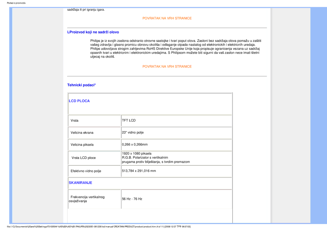 Philips 2.30E+03 user manual LProizvod koji ne sadrži olovo, Tehnicki podaci 