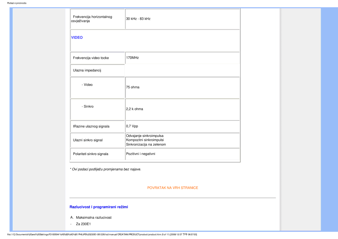 Philips 2.30E+03 user manual Video, Razlucivost i programirani režimi 