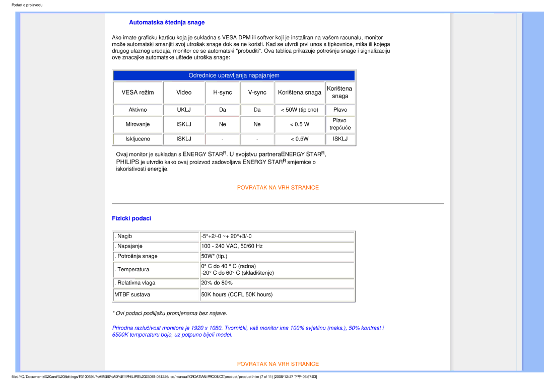 Philips 2.30E+03 user manual Automatska štednja snage, Fizicki podaci 