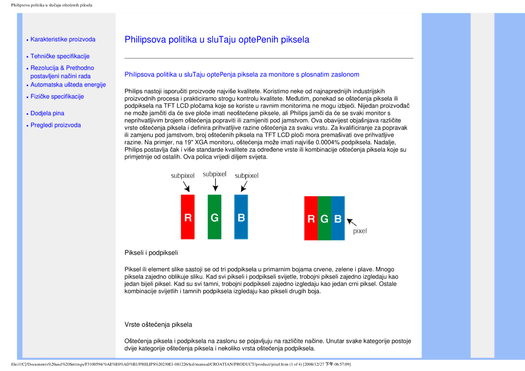 Philips 2.30E+03 user manual Philipsova politika u slučaju oštećenih piksela 