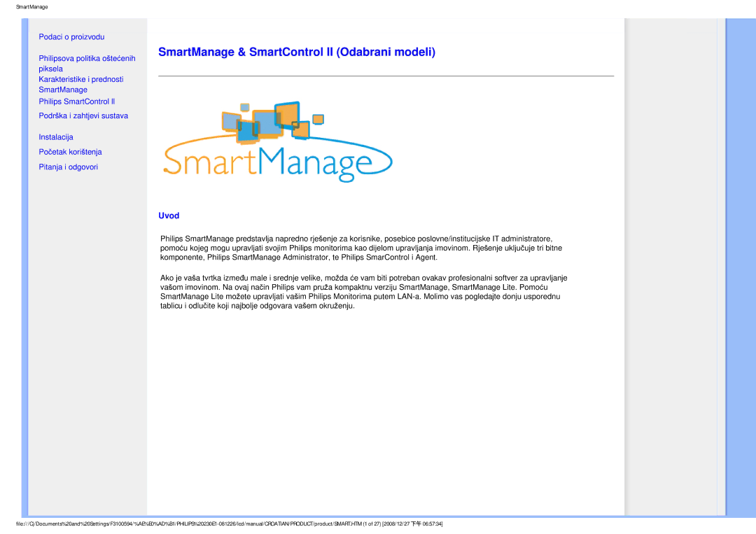 Philips 2.30E+03 user manual SmartManage & SmartControl II Odabrani modeli, Uvod 