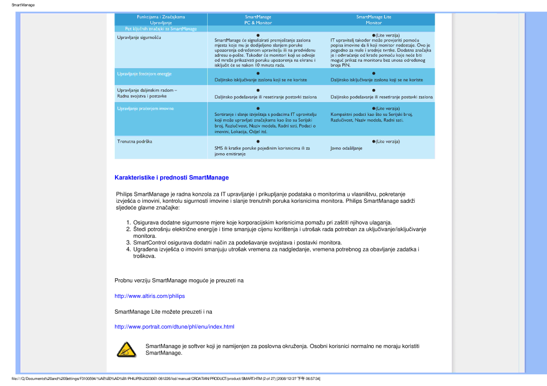 Philips 2.30E+03 user manual Karakteristike i prednosti SmartManage 