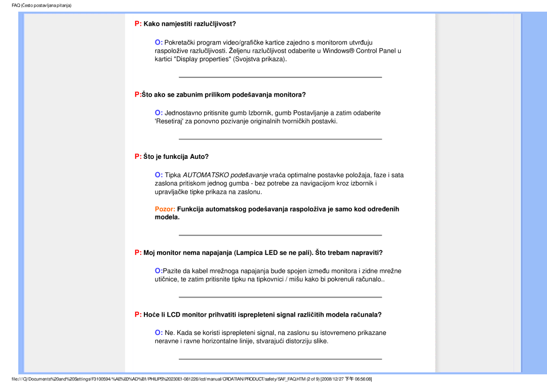 Philips 2.30E+03 Kako namjestiti razlučljivost?, PŠto ako se zabunim prilikom podešavanja monitora?, Što je funkcija Auto? 