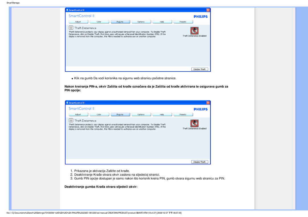 Philips 2.30E+03 user manual Deaktiviranje gumba Krađa otvara sljedeći okvir 
