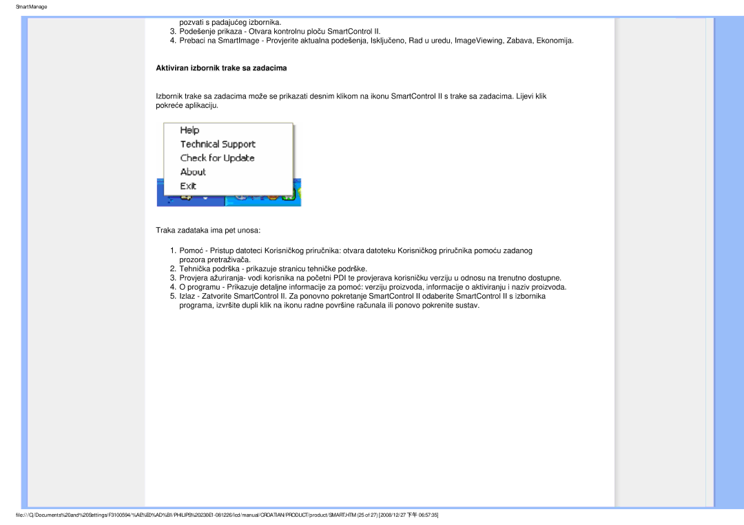 Philips 2.30E+03 user manual Aktiviran izbornik trake sa zadacima 