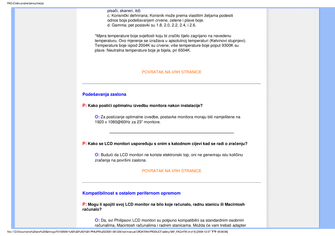 Philips 2.30E+03 user manual Podešavanja zaslona, Kompatibilnost s ostalom perifernom opremom 