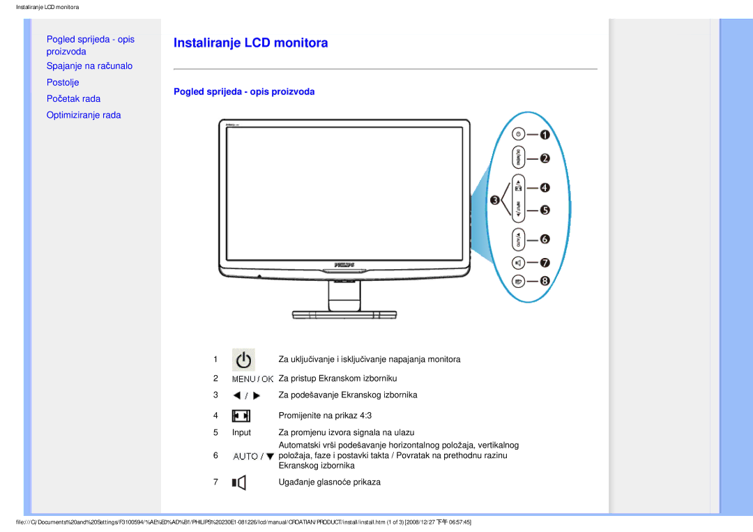 Philips 2.30E+03 user manual Instaliranje LCD monitora 