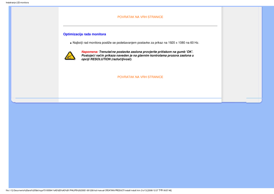 Philips 2.30E+03 user manual Optimizacija rada monitora 