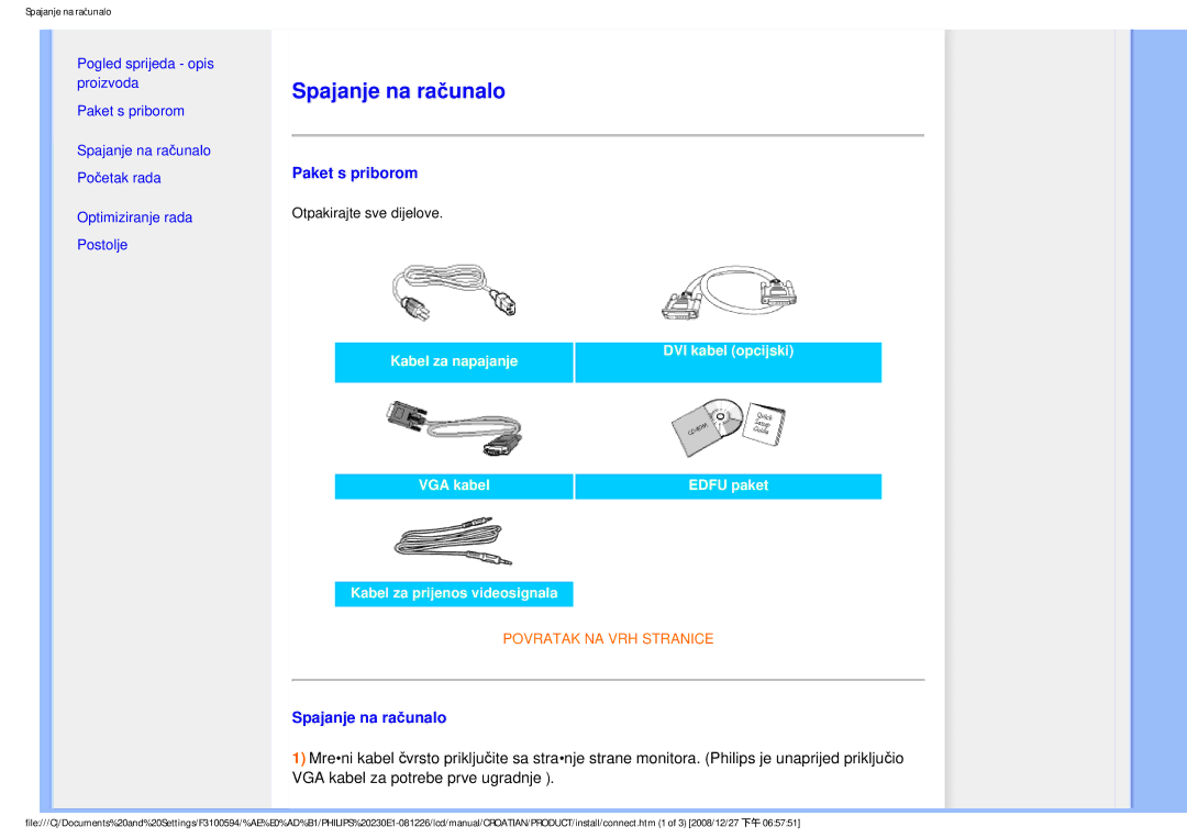 Philips 2.30E+03 user manual Spajanje na računalo, Paket s priborom 