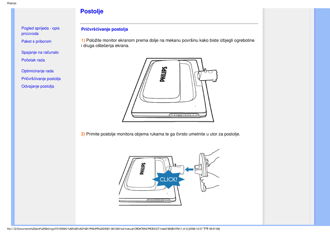 Philips 2.30E+03 user manual Postolje, Pričvršćivanje postolja 