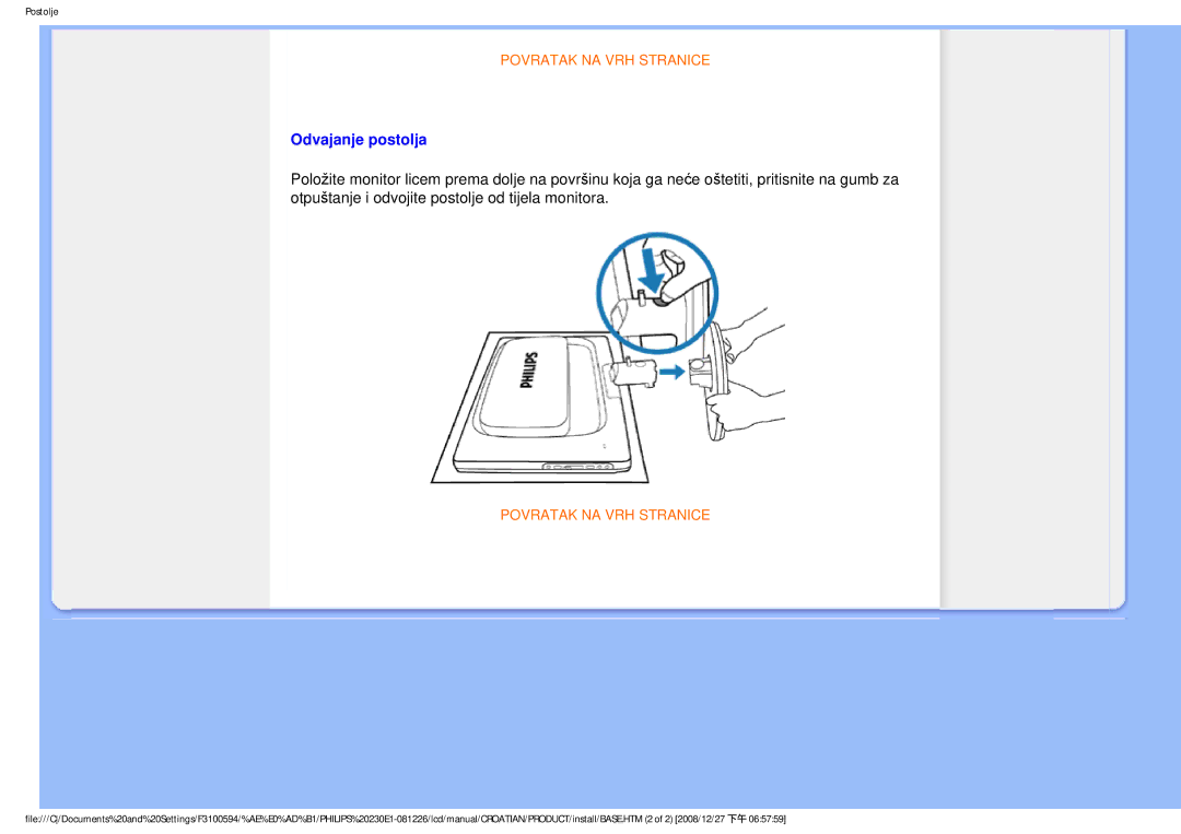 Philips 2.30E+03 user manual Odvajanje postolja 