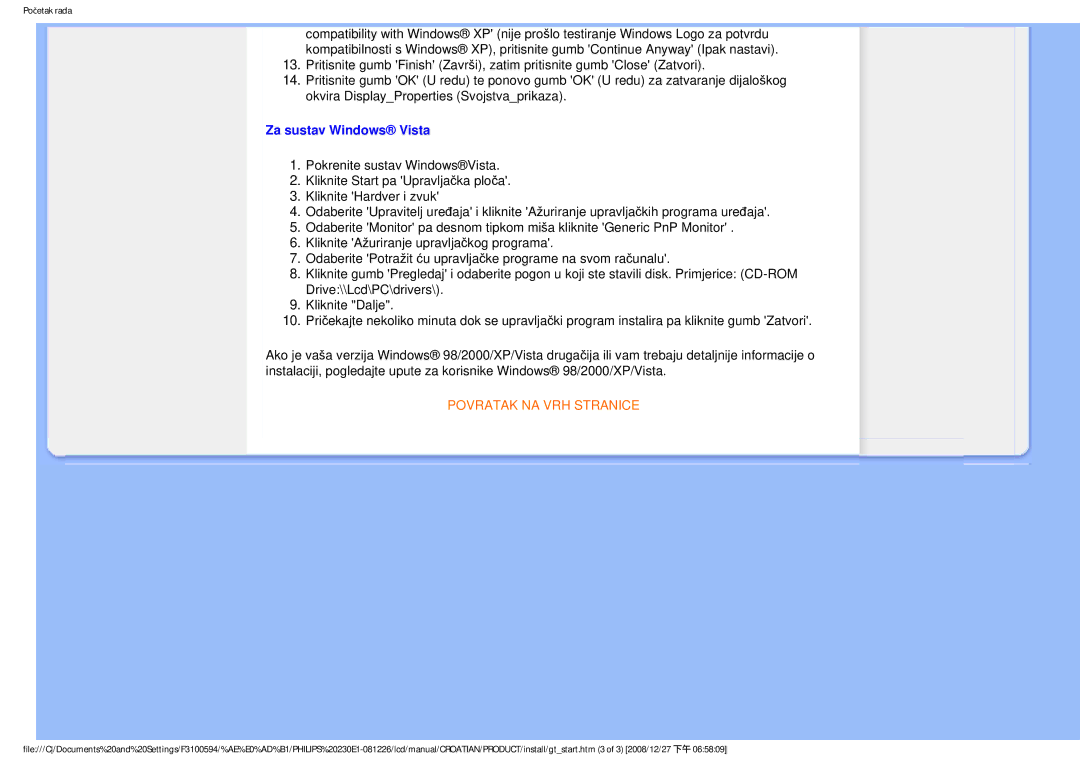 Philips 2.30E+03 user manual Za sustav Windows Vista 