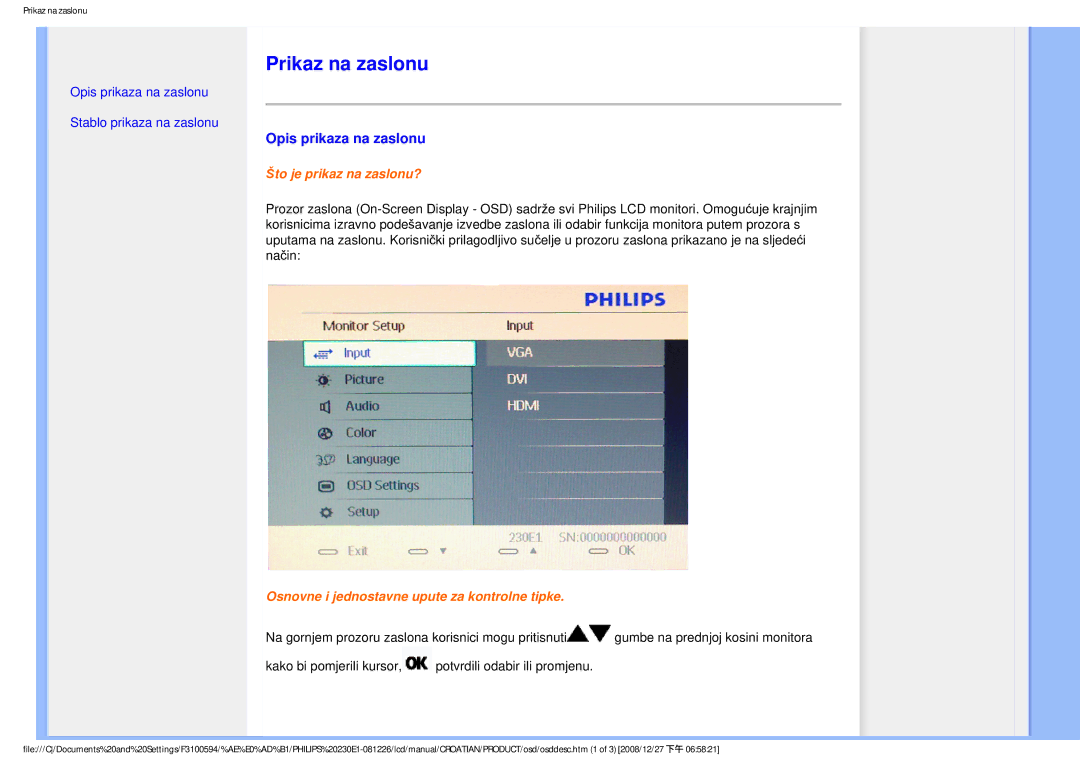 Philips 2.30E+03 user manual Prikaz na zaslonu, Opis prikaza na zaslonu 