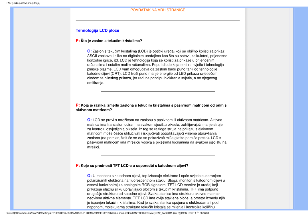 Philips 2.30E+03 user manual Tehnologija LCD ploče, Što je zaslon s tekućim kristalima? 