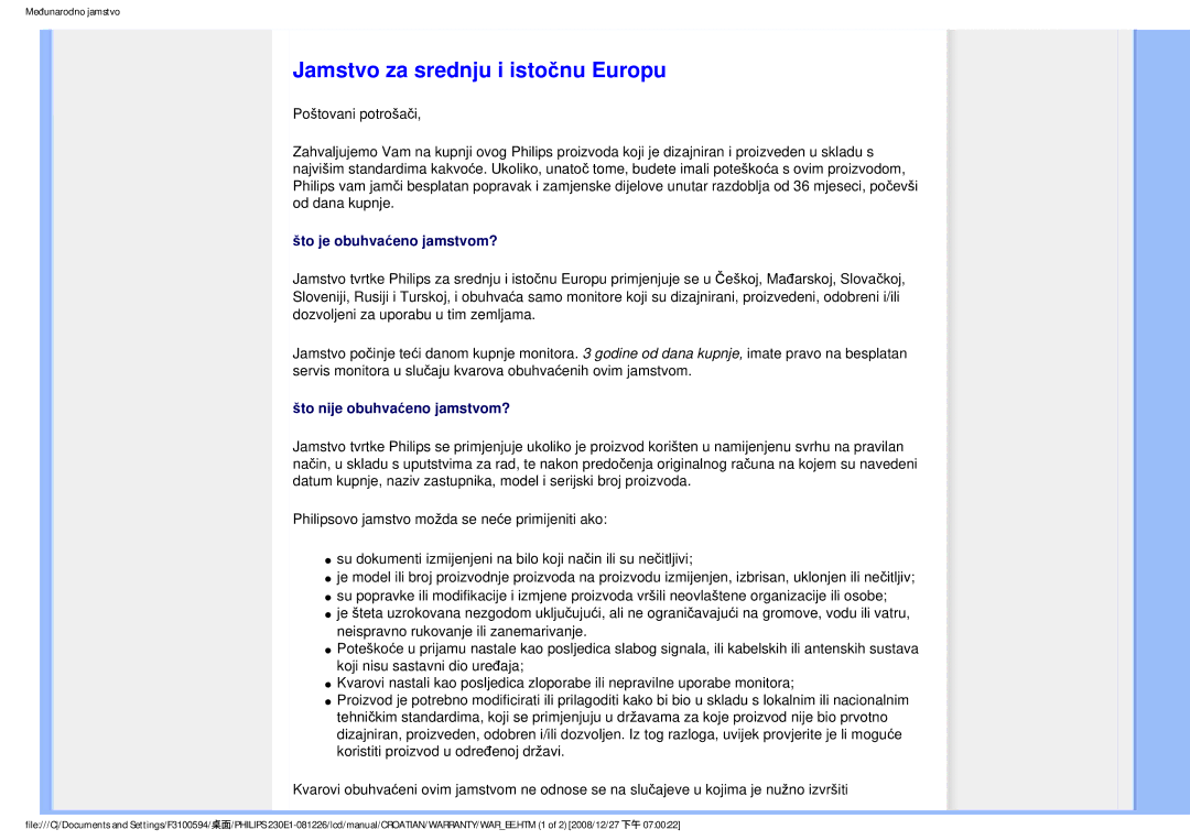 Philips 2.30E+03 user manual Jamstvo za srednju i istočnu Europu, Što je obuhvaćeno jamstvom? 