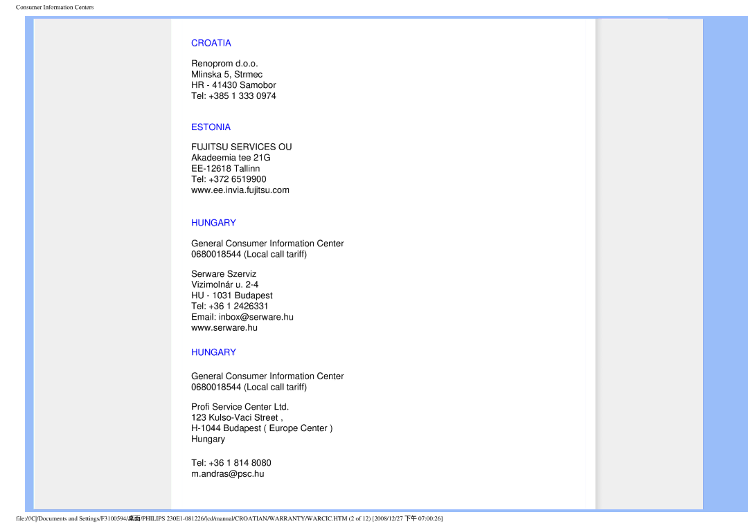 Philips 2.30E+03 user manual Croatia, Estonia, Hungary 