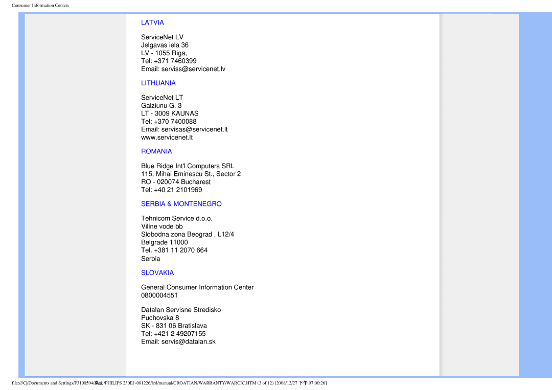 Philips 2.30E+03 user manual Latvia, Lithuania, Romania, Serbia & Montenegro, Slovakia 