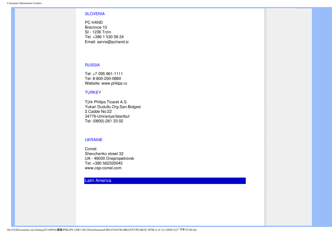 Philips 2.30E+03 user manual Slovenia, Russia, Turkey, Ukraine 