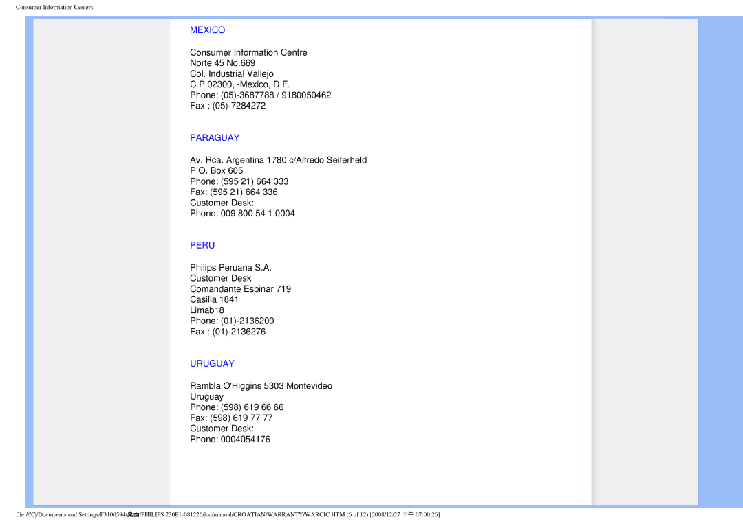 Philips 2.30E+03 user manual Mexico, Paraguay, Peru, Uruguay 