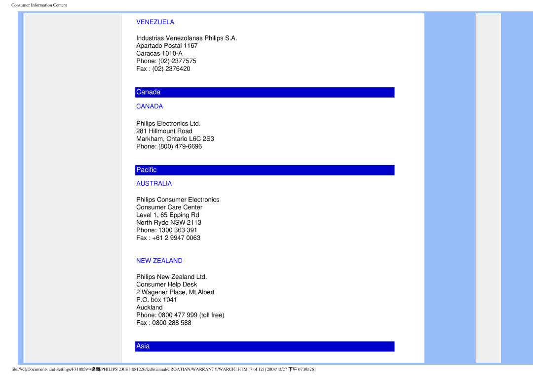 Philips 2.30E+03 user manual Venezuela, Canada, Australia, NEW Zealand 