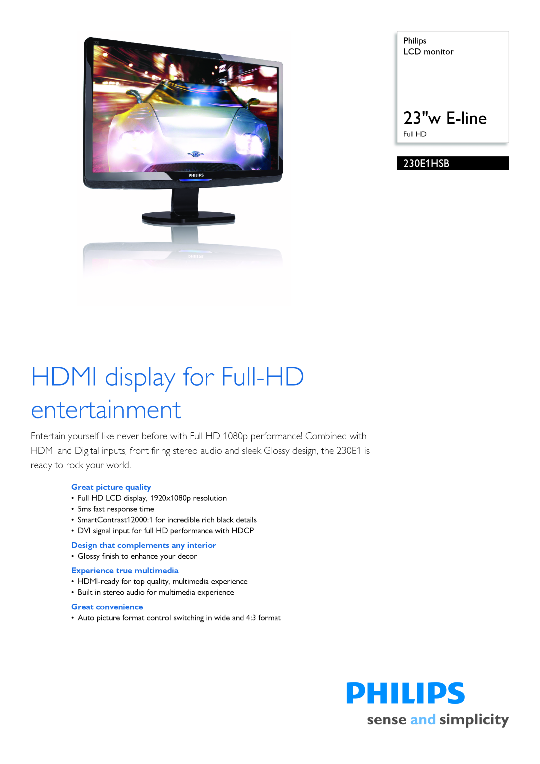Philips 230E1HSB/97 manual Philips LCD monitor, Great picture quality, Design that complements any interior, 23w E-line 