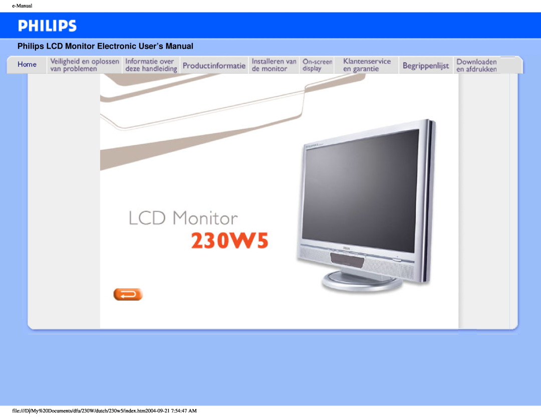 Philips 230W user manual Philips LCD Monitor Electronic User’s Manual, e-Manual 