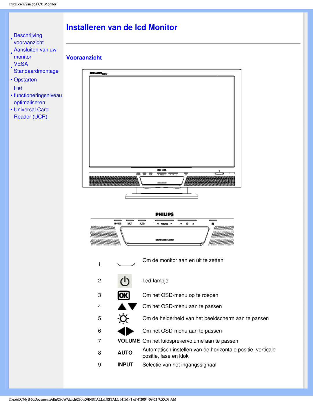 Philips 230W user manual Installeren van de lcd Monitor, Vooraanzicht, Opstarten Het, Universal Card Reader UCR 