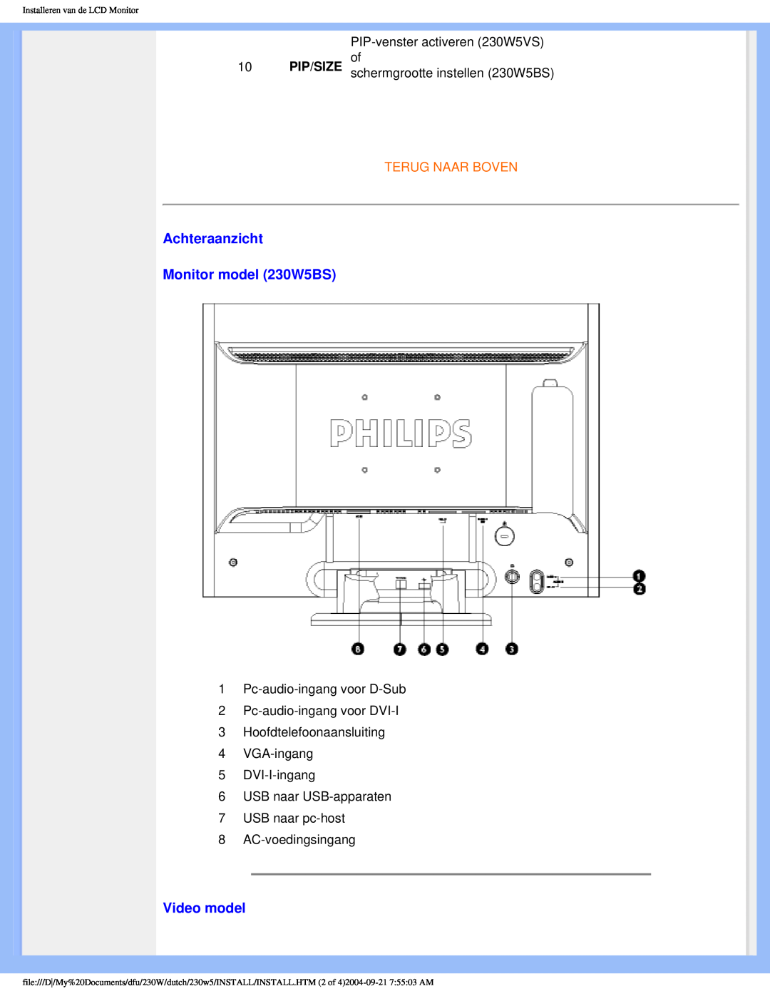 Philips user manual Achteraanzicht Monitor model 230W5BS, Video model, Terug Naar Boven 