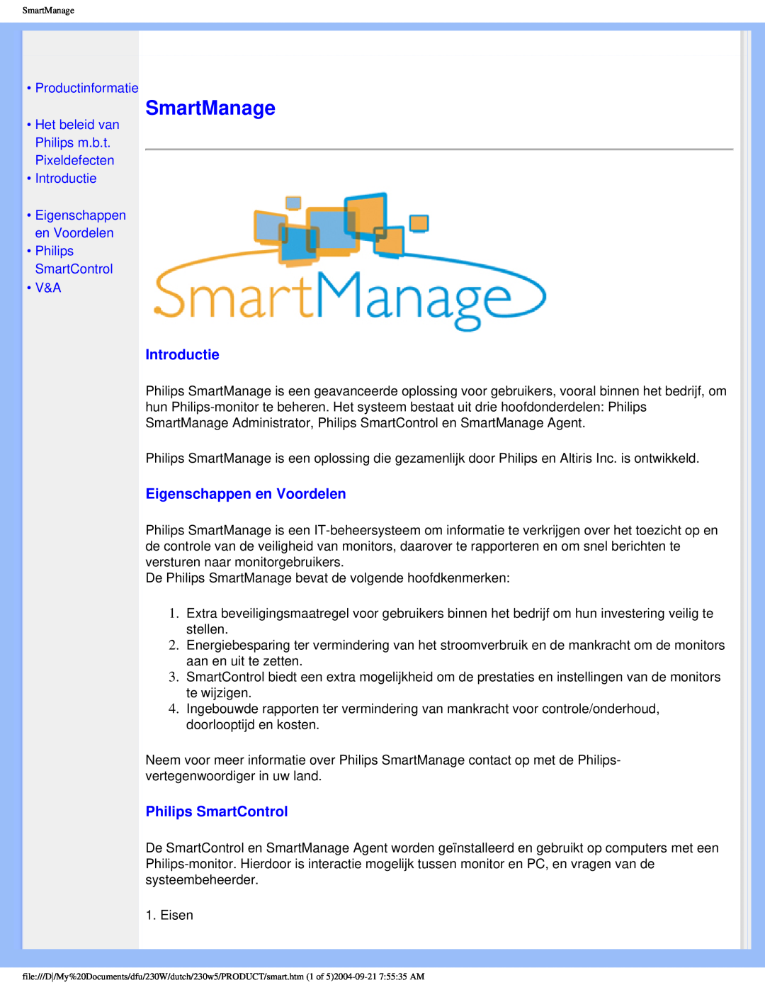 Philips 230W user manual SmartManage, Introductie, Eigenschappen en Voordelen, Philips SmartControl 