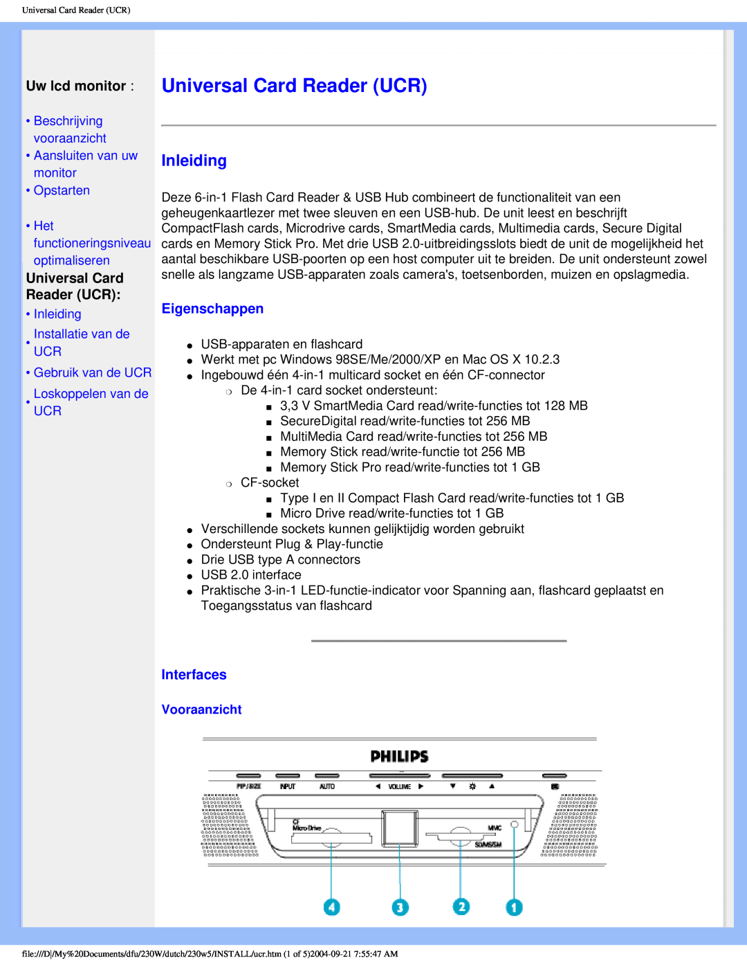 Philips 230W user manual Universal Card Reader UCR, Inleiding, Uw lcd monitor, Eigenschappen, Interfaces, Vooraanzicht 
