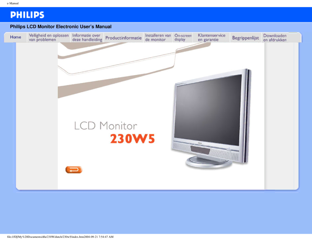 Philips 230W user manual Philips LCD Monitor Electronic User’s Manual 