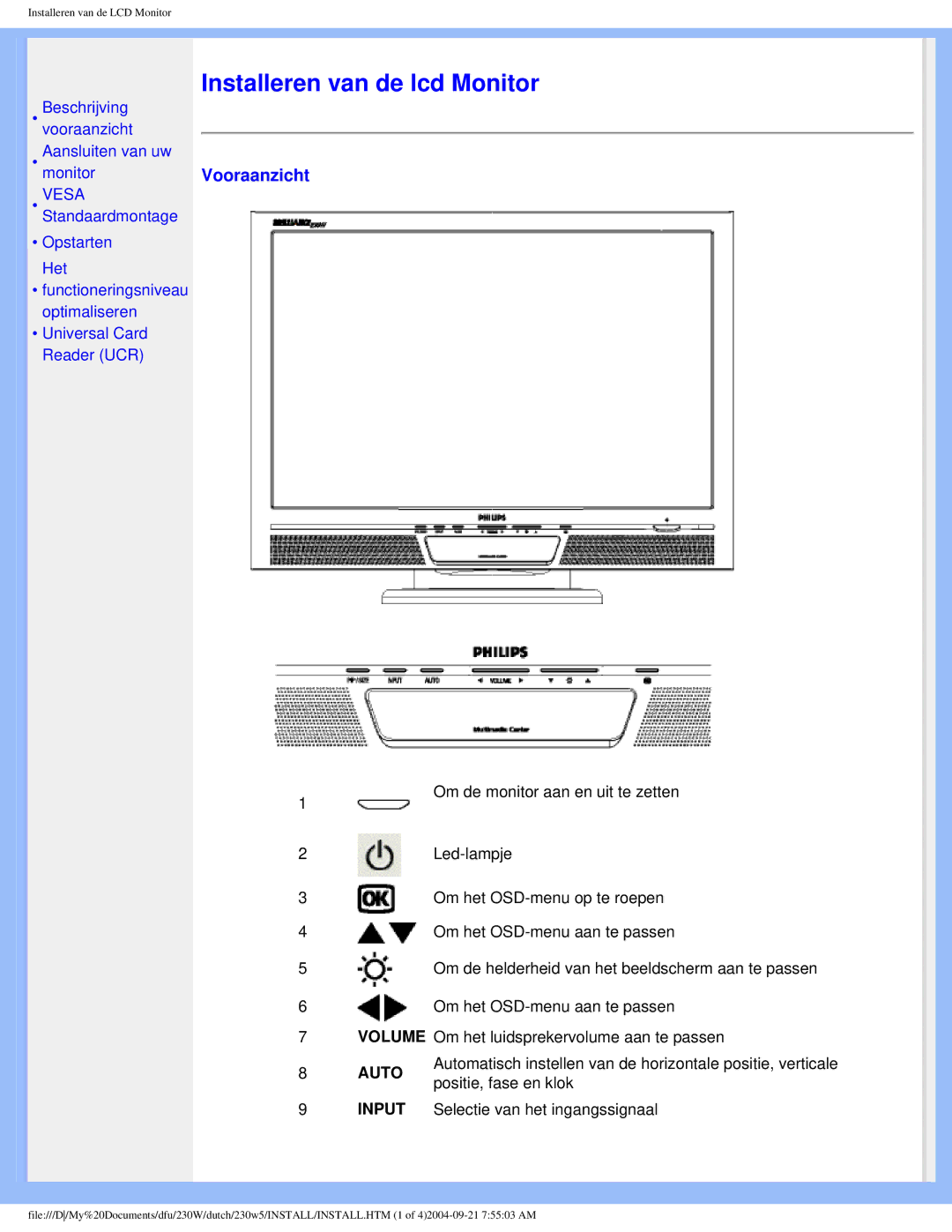 Philips 230W user manual Installeren van de lcd Monitor, Vooraanzicht 