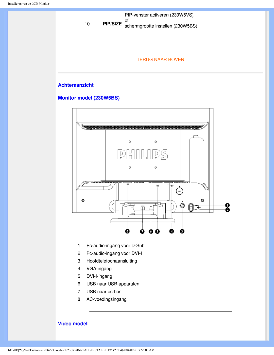 Philips user manual Achteraanzicht Monitor model 230W5BS, Video model 