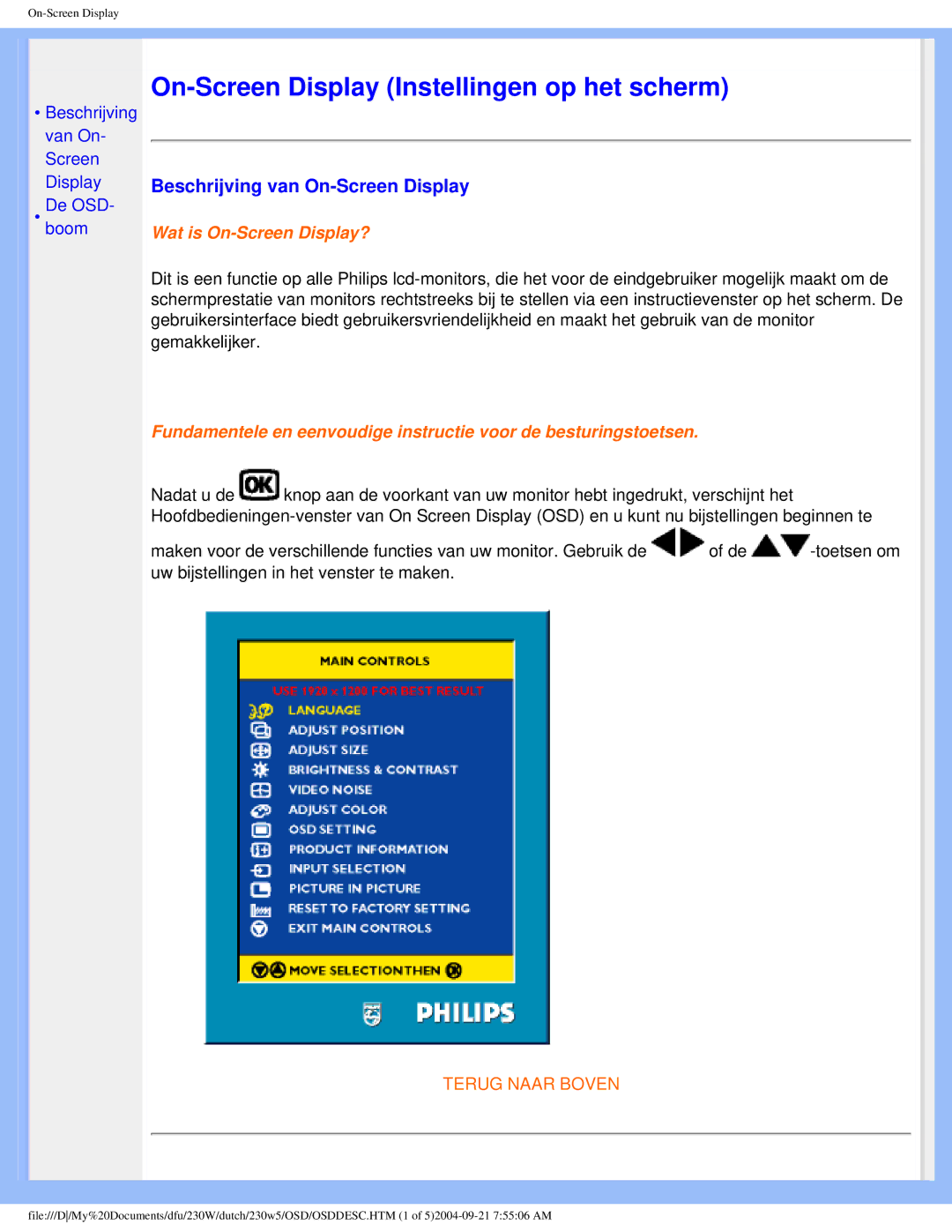 Philips 230W user manual On-Screen Display Instellingen op het scherm, Beschrijving van On-Screen Display 