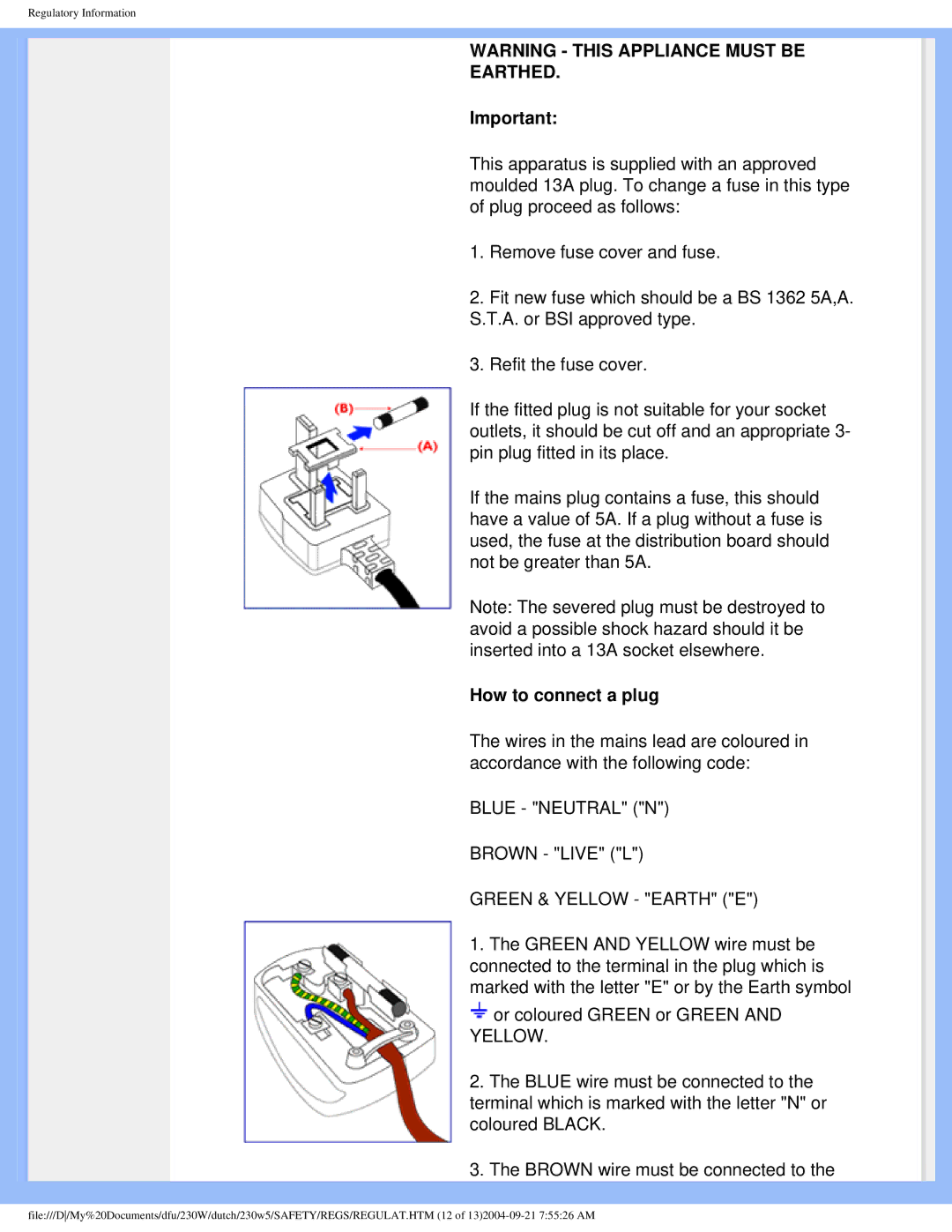 Philips 230W user manual Earthed 