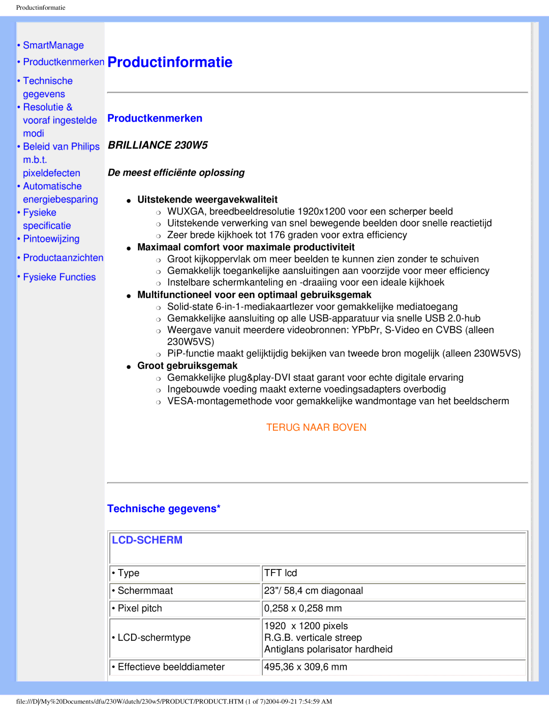 Philips 230W user manual Technische gegevens, Uitstekende weergavekwaliteit, Maximaal comfort voor maximale productiviteit 